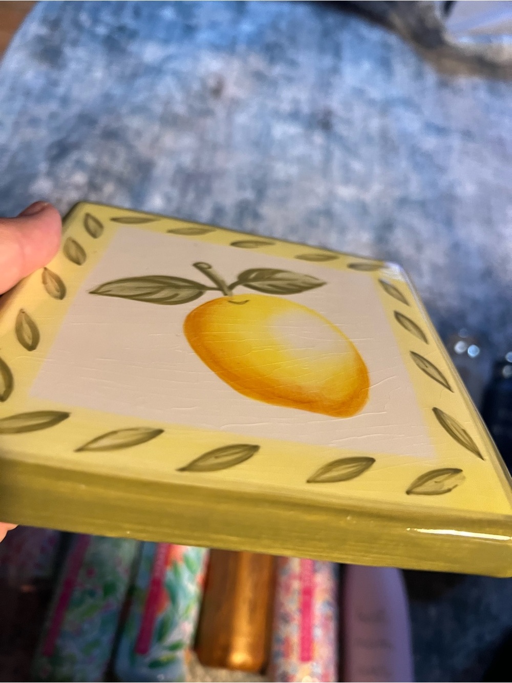 Hand-Painted Lemon Tile Trinket Dish in Yellow and Green William Sonoma